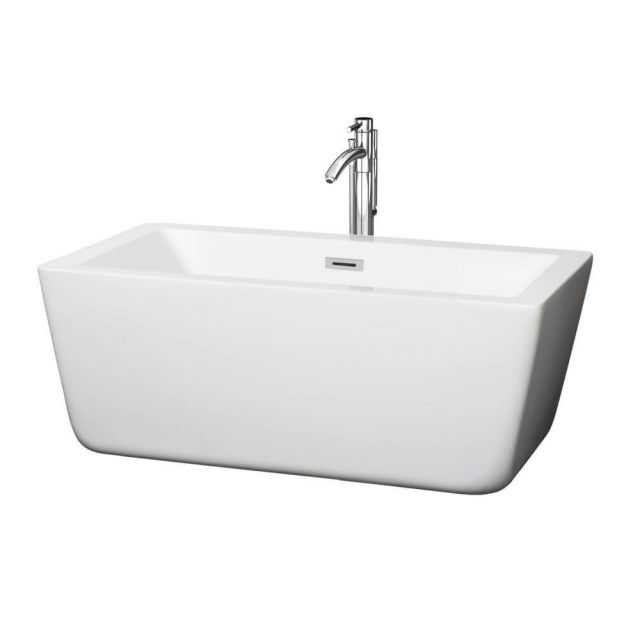 Wyndham Collection Laura 59 Inch Center Drain Soaking Tub In White with Floor Mounted Faucet In Chrome - WCOBT100559ATP11PC