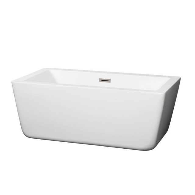 Wyndham Collection Laura 59 Inch Center Drain Soaking Tub In White with Brushed Nickel Drain - WCOBT100559BNTRIM
