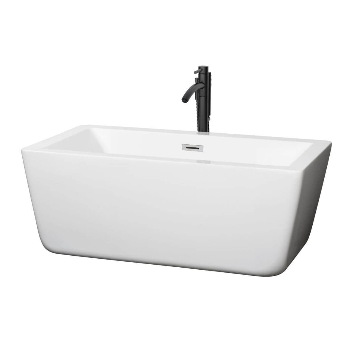 Wyndham Collection Laura 59 inch Freestanding Bathtub in White with Polished Chrome Trim and Floor Mounted Faucet in Matte Black - WCOBT100559PCATPBK