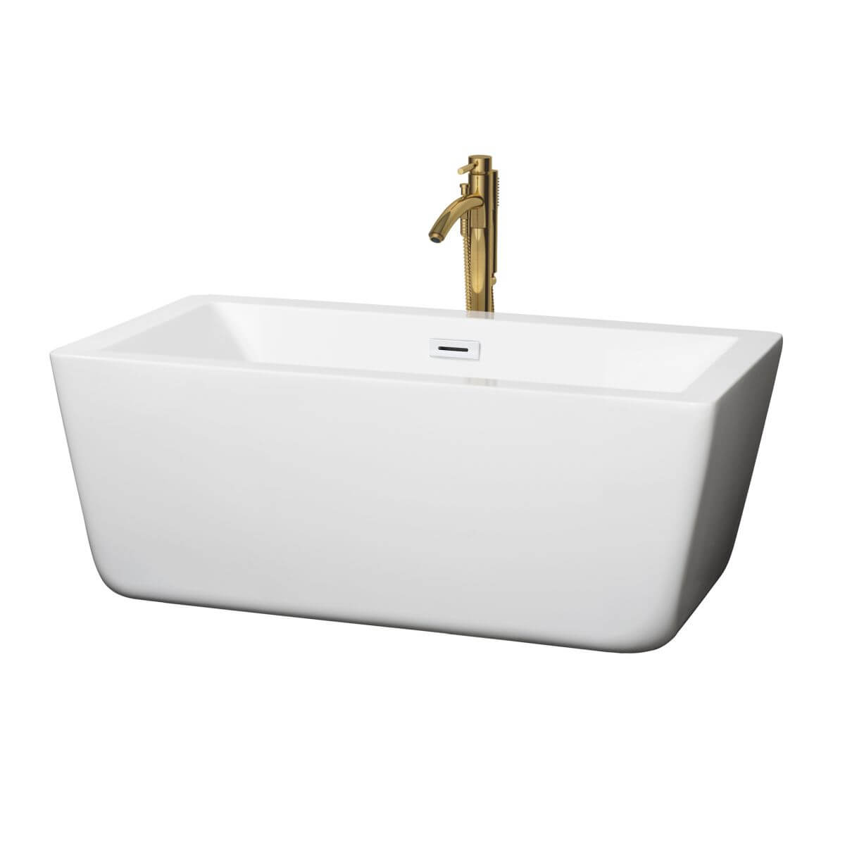 Wyndham Collection Laura 59 inch Freestanding Bathtub in White with Shiny White Trim and Floor Mounted Faucet in Brushed Gold - WCOBT100559SWATPGD