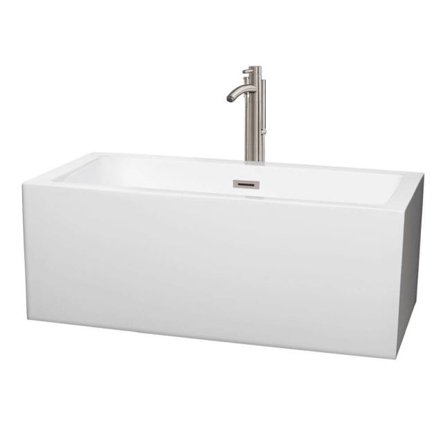 Wyndham Collection Melody 60 Inch Center Drain Soaking Tub In White with Floor Mounted Faucet In Brushed Nickel - WCOBT101160ATP11BN