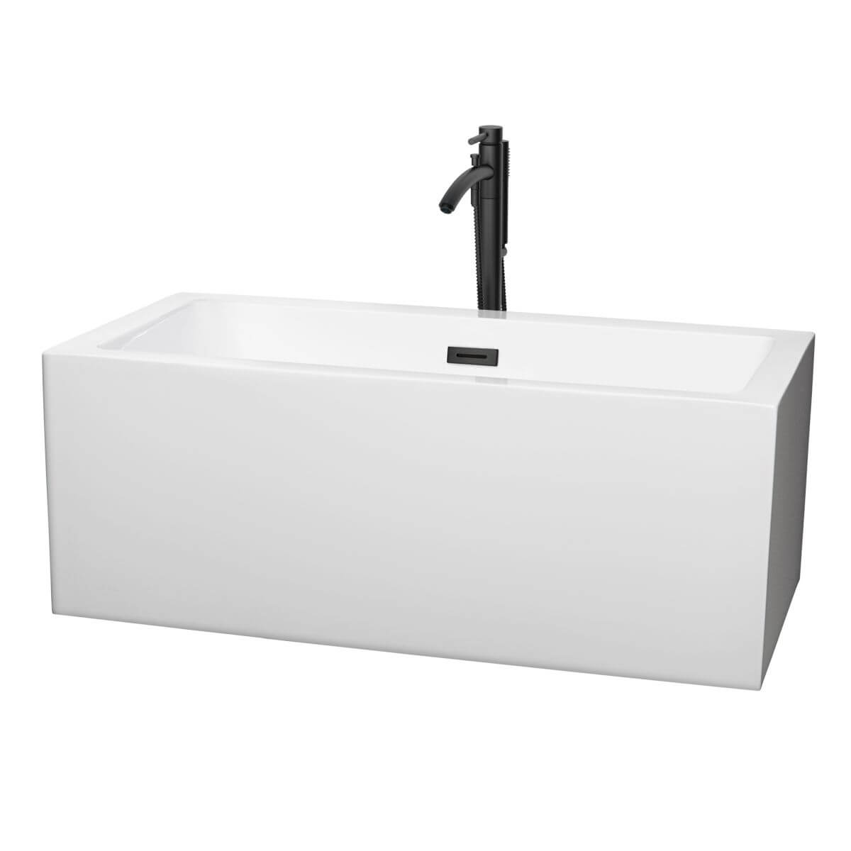Wyndham Collection Melody 60 inch Freestanding Bathtub in White with Floor Mounted Faucet, Drain and Overflow Trim in Matte Black - WCOBT101160MBATPBK
