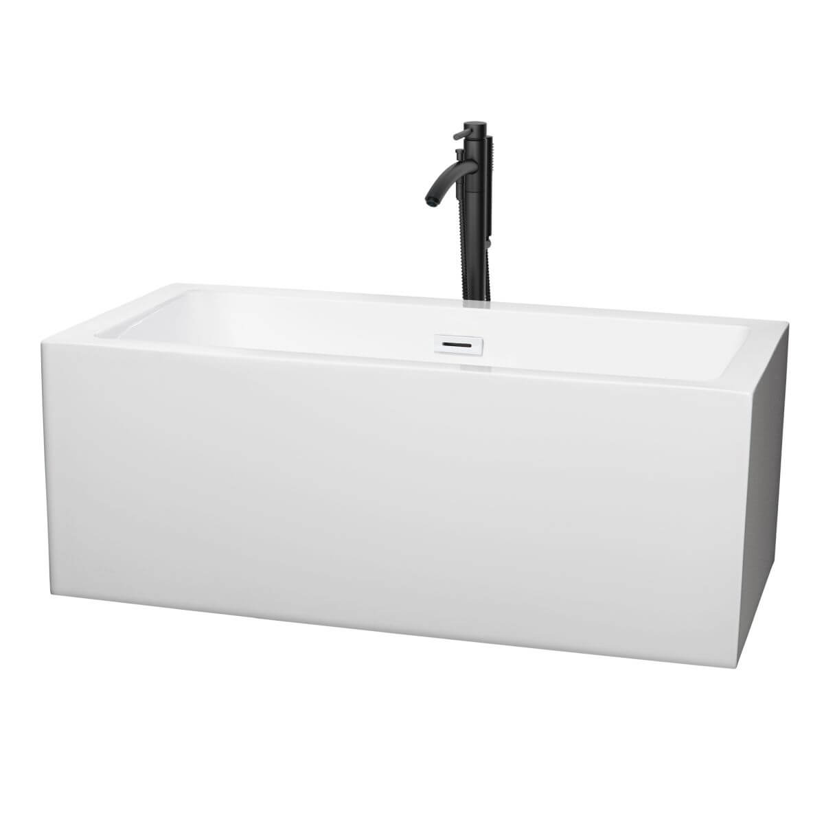 Wyndham Collection Melody 60 inch Freestanding Bathtub in White with Shiny White Trim and Floor Mounted Faucet in Matte Black - WCOBT101160SWATPBK