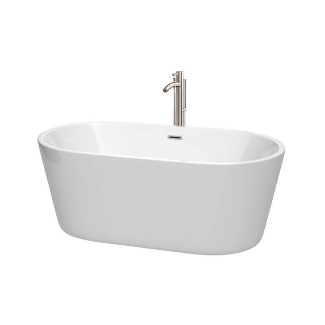 Wyndham Collection 60 Inch Free Standing Bath Tub In White With Floor Mounted Faucet Drain And Overflow Trim In Brushed Nickel - WCOBT101260ATP11BN