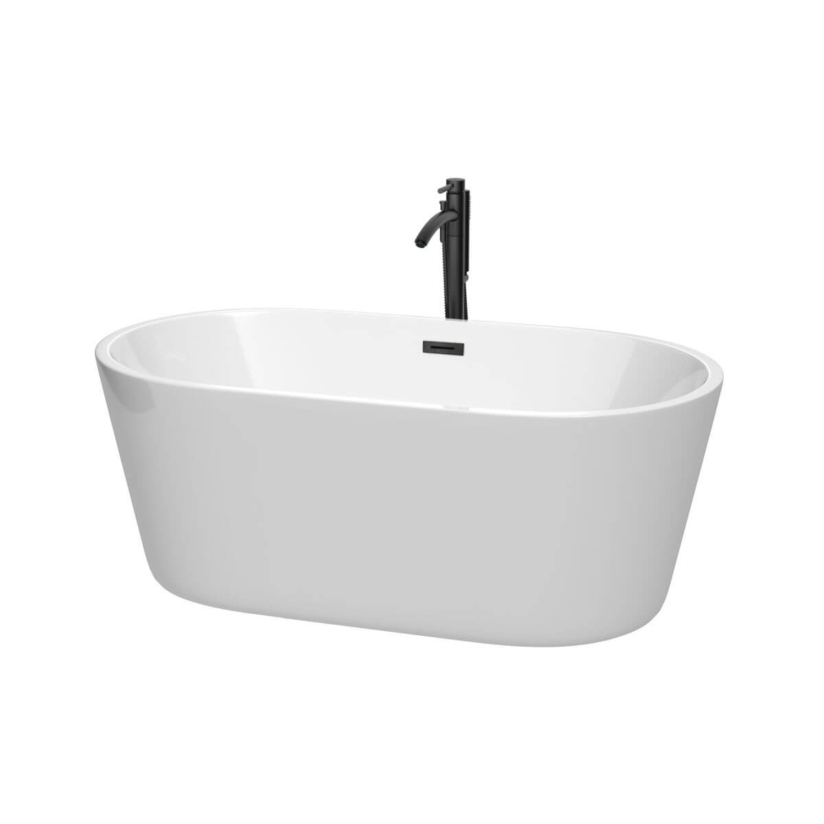 Wyndham Collection Carissa 60 inch Freestanding Bathtub in White with Floor Mounted Faucet, Drain and Overflow Trim in Matte Black - WCOBT101260MBATPBK