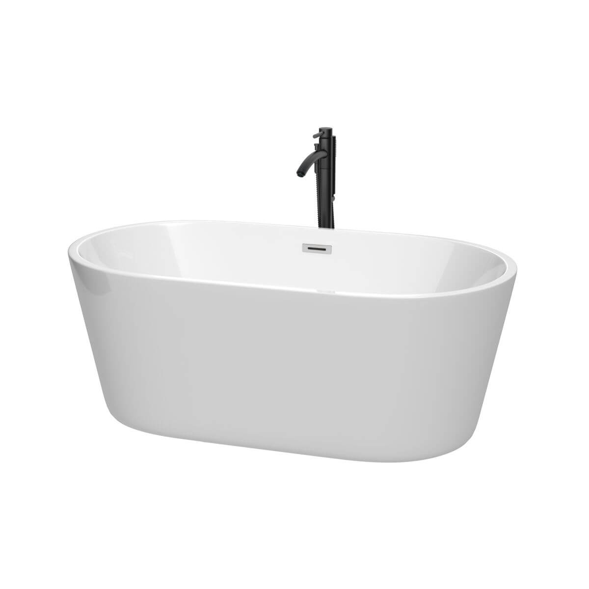 Wyndham Collection Carissa 60 inch Freestanding Bathtub in White with Polished Chrome Trim and Floor Mounted Faucet in Matte Black - WCOBT101260PCATPBK