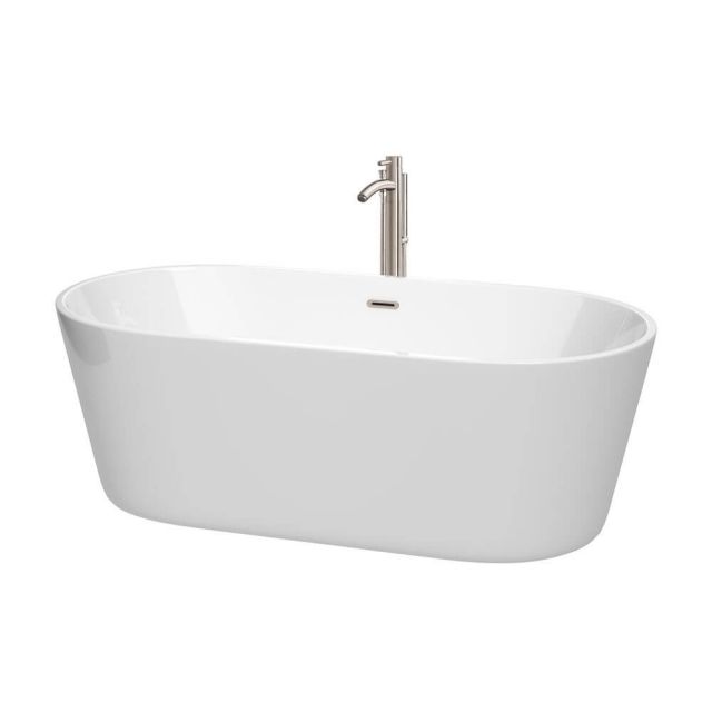 Wyndham Collection 67 Inch Free Standing Bath Tub In White With Floor Mounted Faucet Drain And Overflow Trim In Brushed Nickel - WCOBT101267ATP11BN