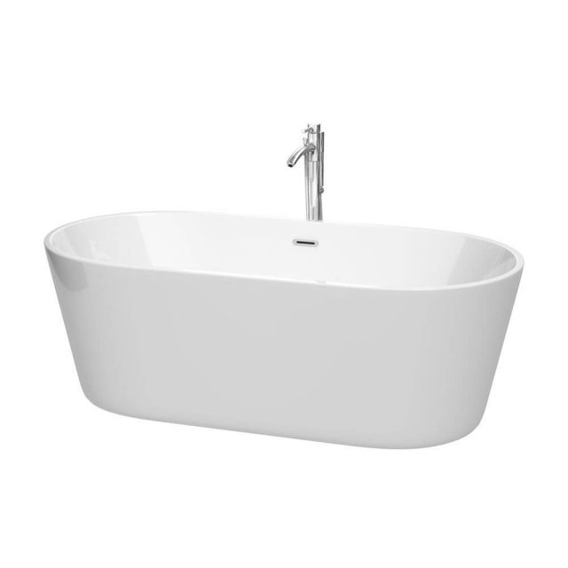 Wyndham Collection 67 Inch Free Standing Bath Tub In White With Floor Mounted Faucet Drain And Overflow Trim In Polished Chrome - WCOBT101267ATP11PC