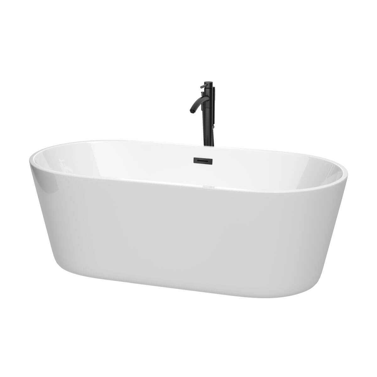 Wyndham Collection Carissa 67 inch Freestanding Bathtub in White with Floor Mounted Faucet, Drain and Overflow Trim in Matte Black - WCOBT101267MBATPBK
