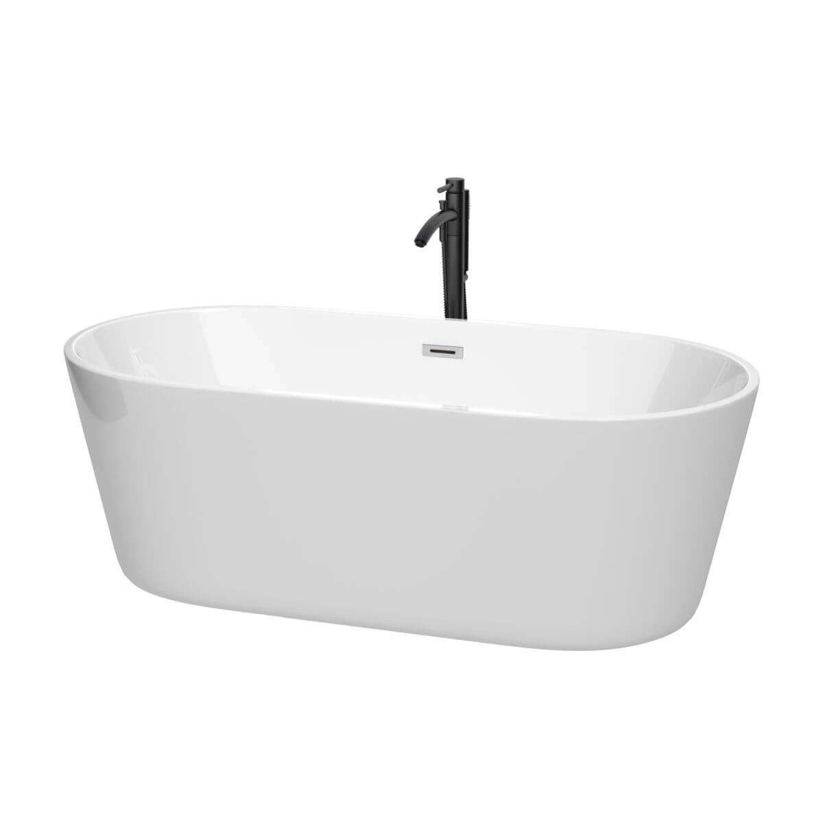 Wyndham Collection Carissa 67 inch Freestanding Bathtub in White with Polished Chrome Trim and Floor Mounted Faucet in Matte Black - WCOBT101267PCATPBK