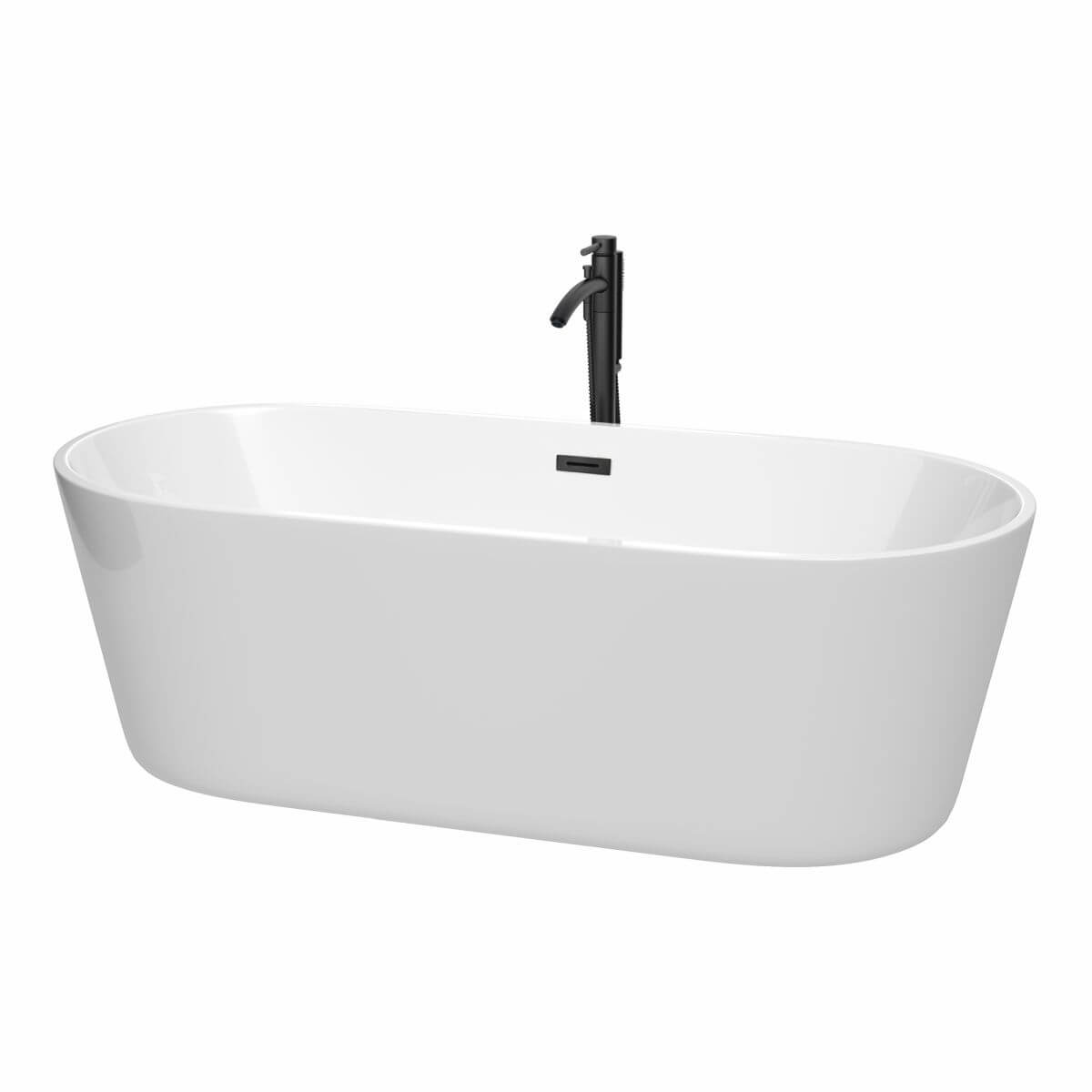 Wyndham Collection Carissa 71 inch Freestanding Bathtub in White with Floor Mounted Faucet, Drain and Overflow Trim in Matte Black - WCOBT101271MBATPBK
