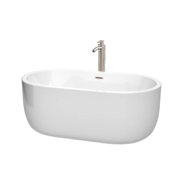 Wyndham Collection 60 Inch Free Standing Bath Tub In White With Floor Mounted Faucet Drain And Overflow Trim In Brushed Nickel - WCOBT101360ATP11BN