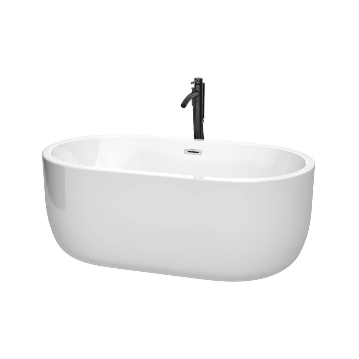 Wyndham Collection Juliette 60 inch Freestanding Bathtub in White with Polished Chrome Trim and Floor Mounted Faucet in Matte Black - WCOBT101360PCATPBK