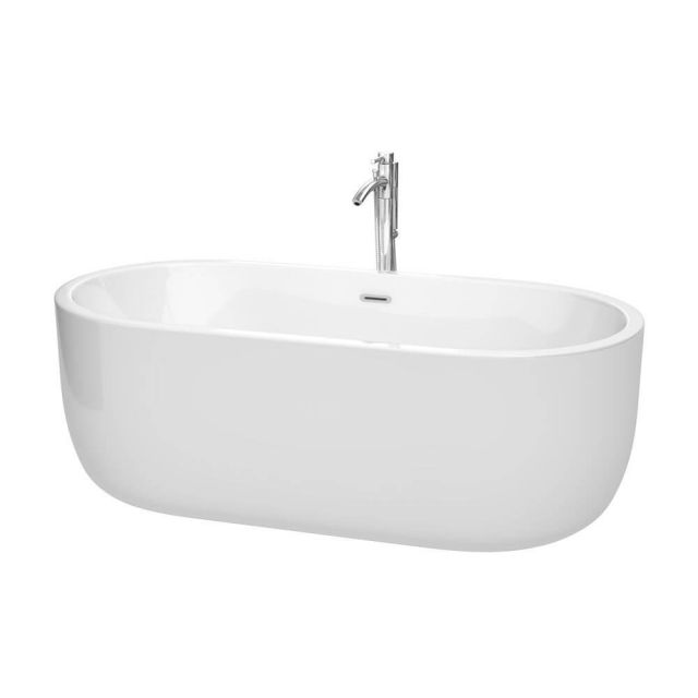 Wyndham Collection 67 Inch Free Standing Bath Tub In White With Floor Mounted Faucet Drain And Overflow Trim In Polished Chrome - WCOBT101367ATP11PC