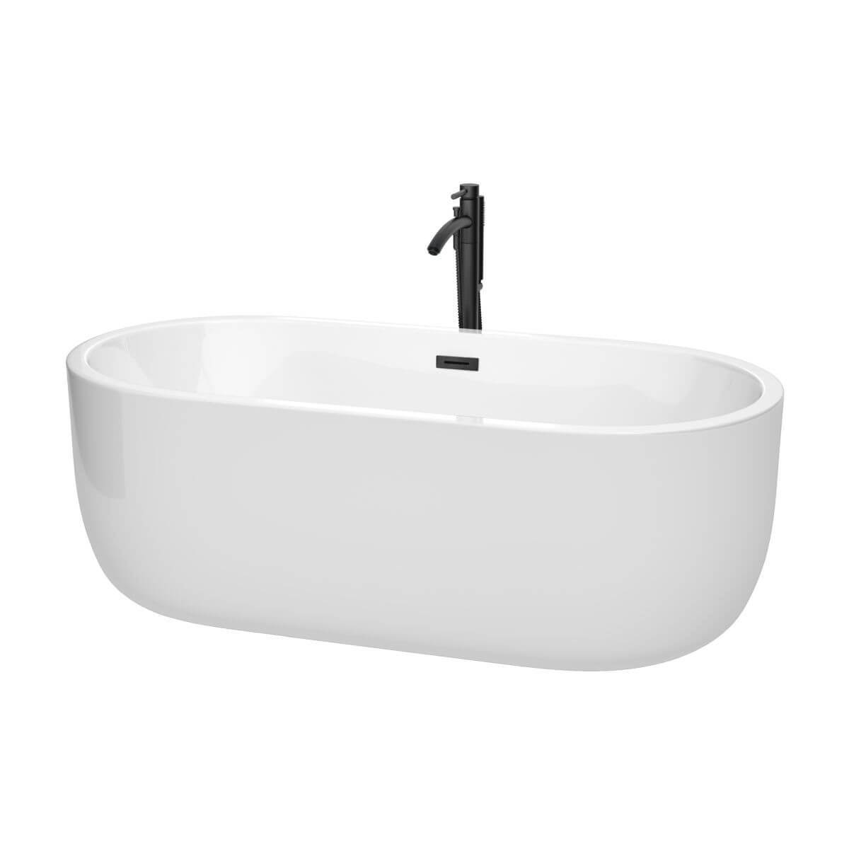 Wyndham Collection Juliette 67 inch Freestanding Bathtub in White with Floor Mounted Faucet, Drain and Overflow Trim in Matte Black - WCOBT101367MBATPBK
