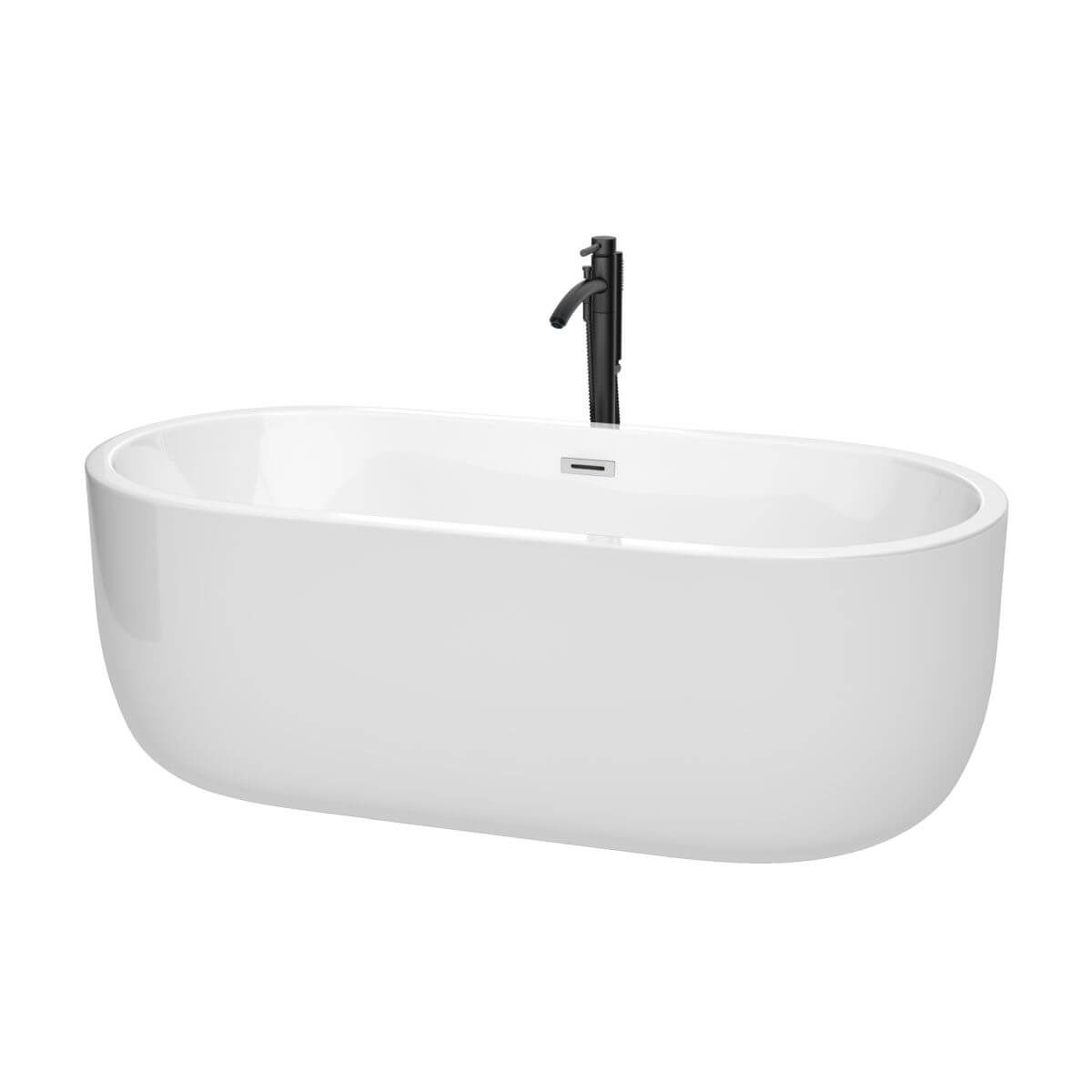 Wyndham Collection Juliette 67 inch Freestanding Bathtub in White with Polished Chrome Trim and Floor Mounted Faucet in Matte Black - WCOBT101367PCATPBK