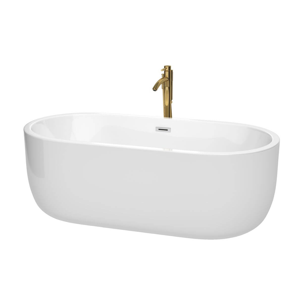 Wyndham Collection Juliette 67 inch Freestanding Bathtub in White with Polished Chrome Trim and Floor Mounted Faucet in Brushed Gold - WCOBT101367PCATPGD
