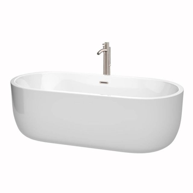 Wyndham Collection 71 Inch Free Standing Bath Tub In White With Floor Mounted Faucet Drain And Overflow Trim In Brushed Nickel - WCOBT101371ATP11BN