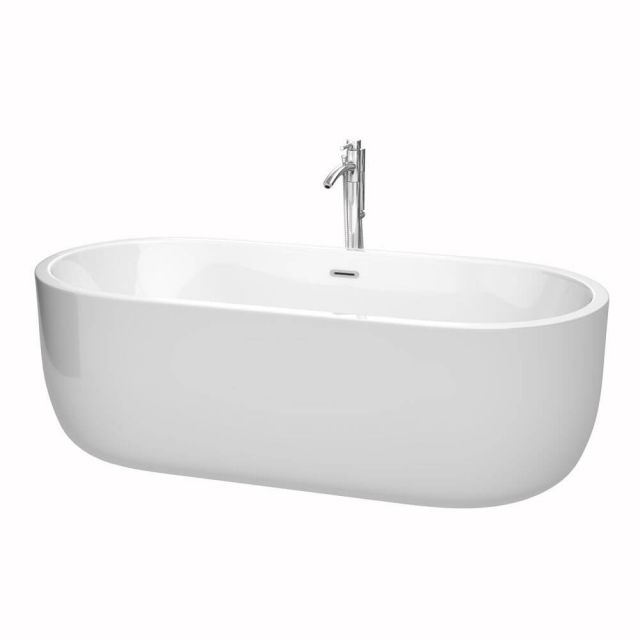 Wyndham Collection 71 Inch Free Standing Bath Tub In White With Floor Mounted Faucet Drain And Overflow Trim In Polished Chrome - WCOBT101371ATP11PC