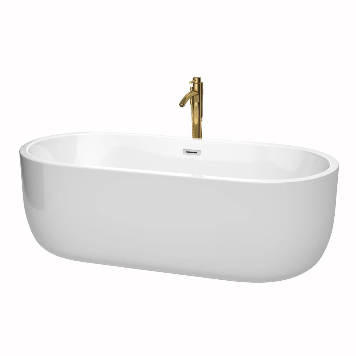 Wyndham Collection Juliette 71 inch Freestanding Bathtub in White with Polished Chrome Trim and Floor Mounted Faucet in Brushed Gold - WCOBT101371PCATPGD