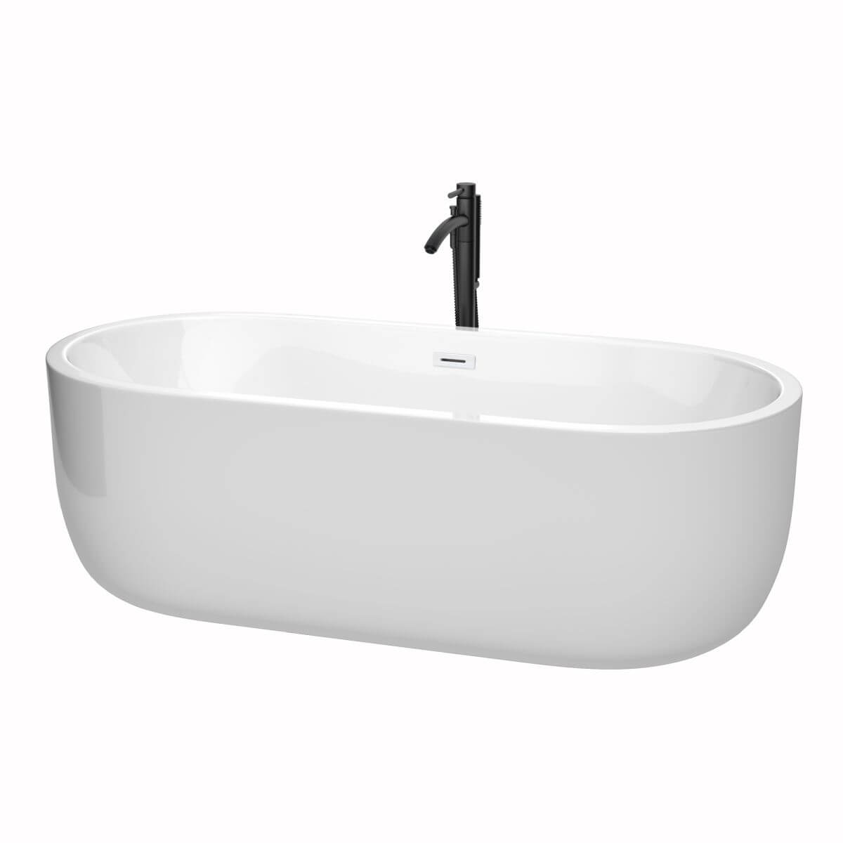 Wyndham Collection Juliette 71 inch Freestanding Bathtub in White with Shiny White Trim and Floor Mounted Faucet in Matte Black - WCOBT101371SWATPBK