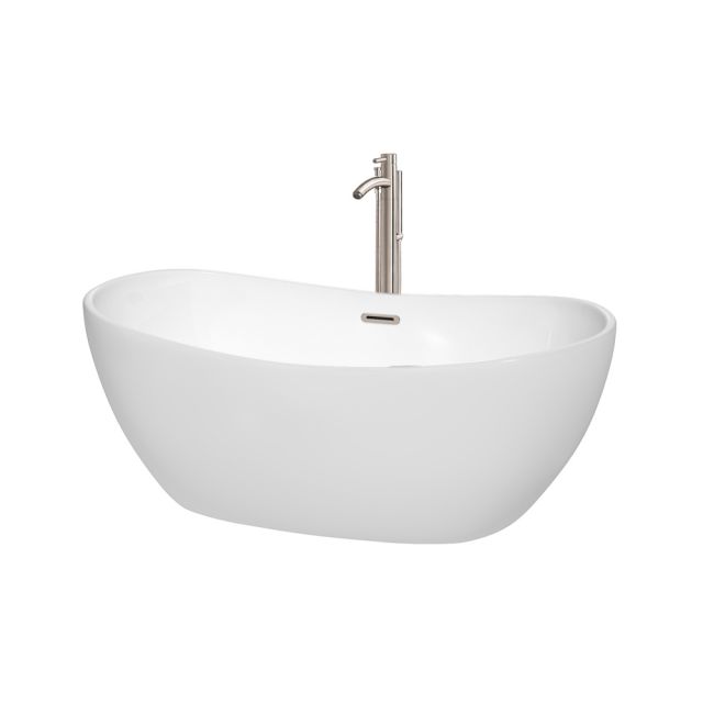 Wyndham Collection Rebecca 60 Inch Freestanding Bathtub In White with Floor Mounted Faucet with Drain and Overflow Trim in Brushed Nickel - WCOBT101460ATP11BN