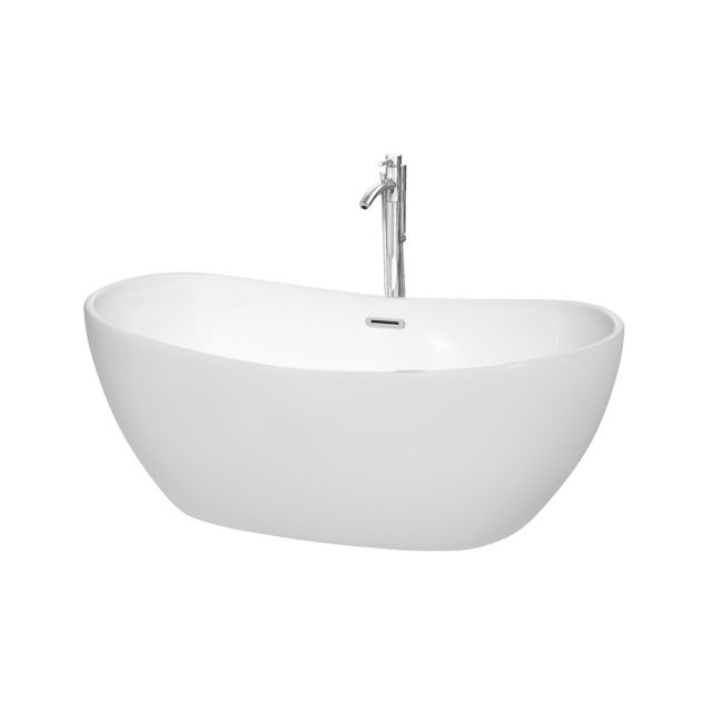 Wyndham Collection Rebecca 60 Inch Freestanding Bathtub In White with Floor Mounted Faucet with Drain and Overflow Trim in Polished Chrome - WCOBT101460ATP11PC