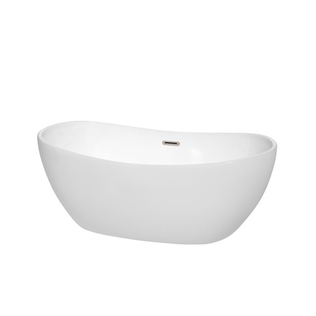 Wyndham Collection Rebecca 60 Inch Freestanding Bathtub In White with Brushed Nickel Drain and Overflow Trim - WCOBT101460BNTRIM