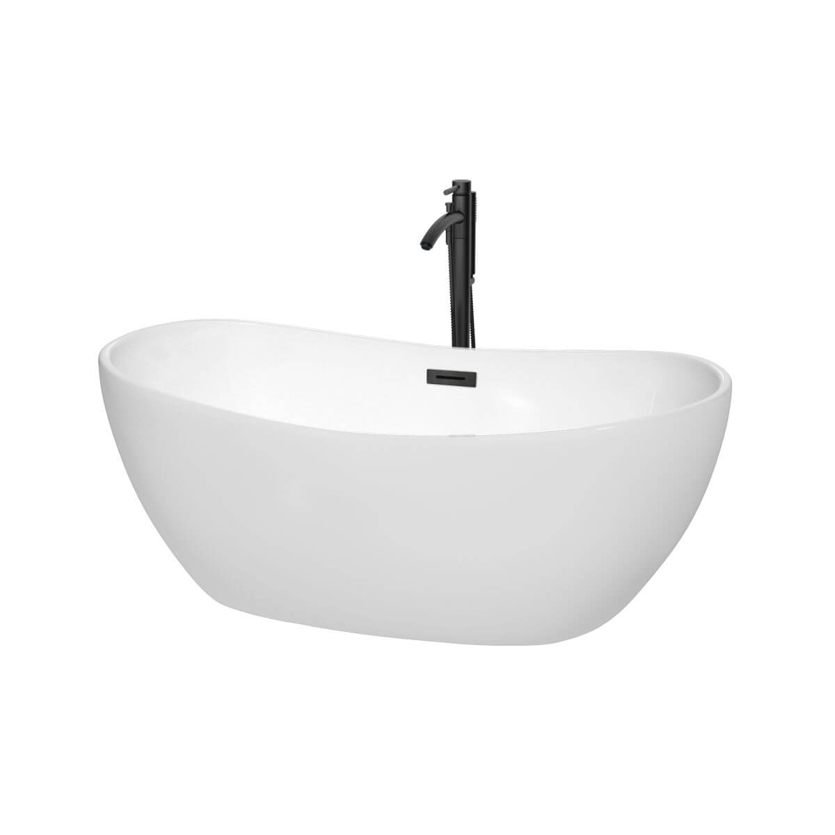 Wyndham Collection Rebecca 60 inch Freestanding Bathtub in White with Floor Mounted Faucet, Drain and Overflow Trim in Matte Black - WCOBT101460MBATPBK