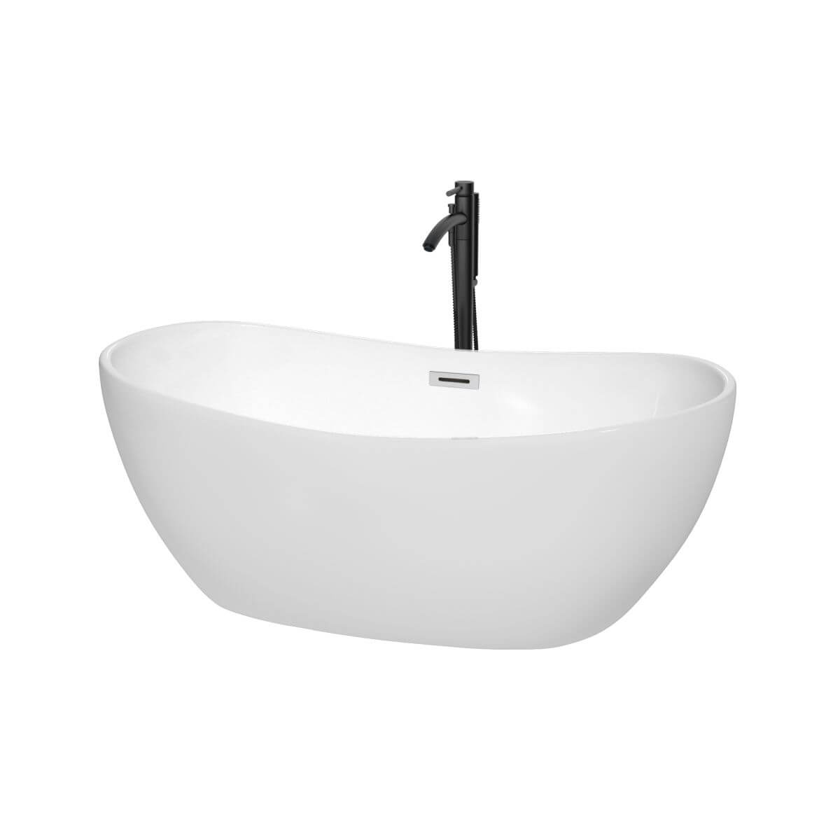 Wyndham Collection Rebecca 60 inch Freestanding Bathtub in White with Polished Chrome Trim and Floor Mounted Faucet in Matte Black - WCOBT101460PCATPBK