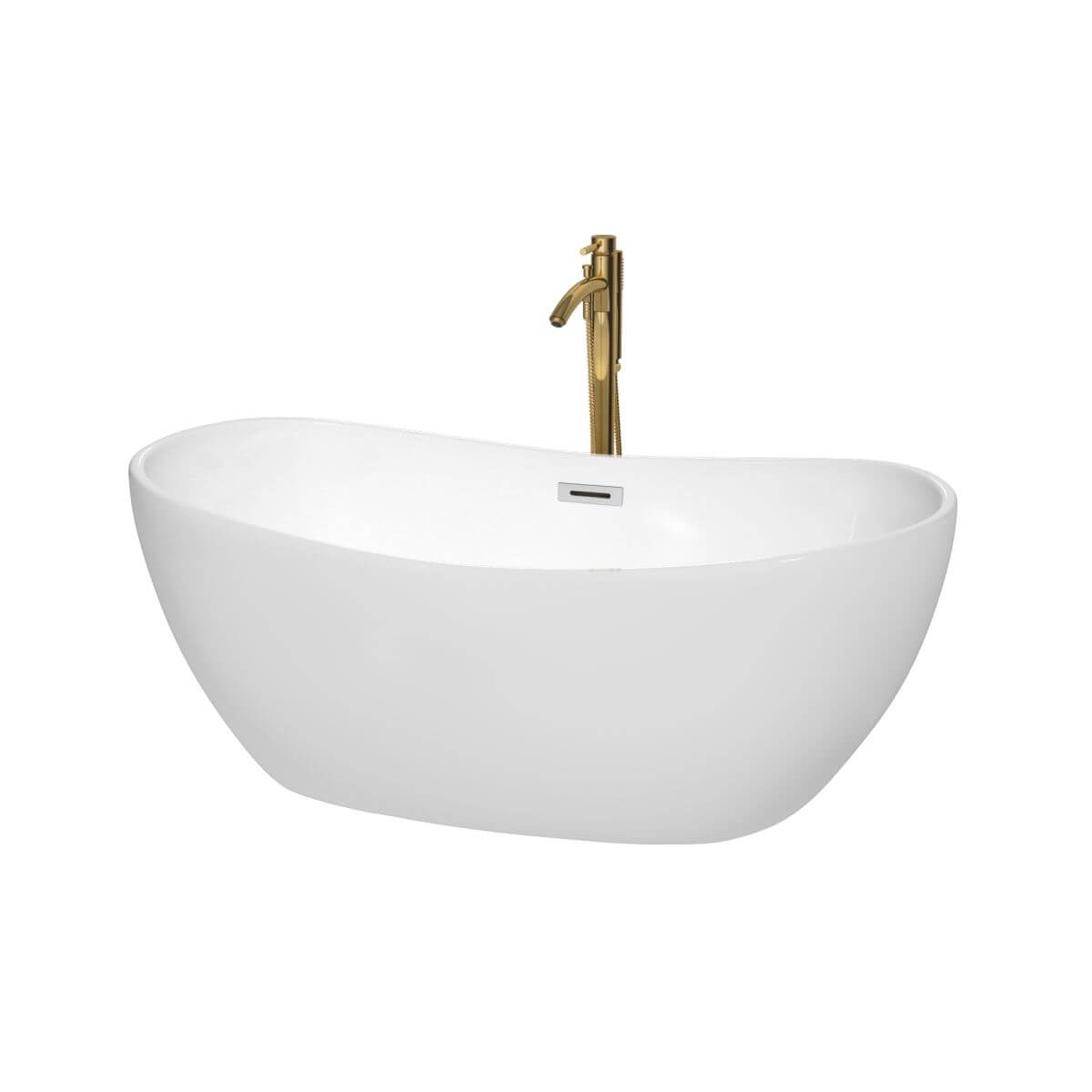Wyndham Collection Rebecca 60 inch Freestanding Bathtub in White with Polished Chrome Trim and Floor Mounted Faucet in Brushed Gold - WCOBT101460PCATPGD