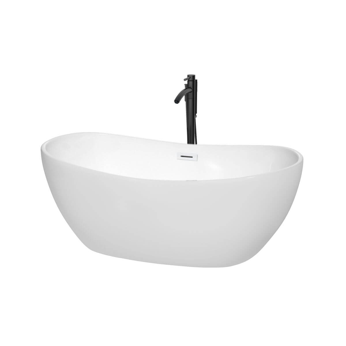 Wyndham Collection Rebecca 60 inch Freestanding Bathtub in White with Shiny White Trim and Floor Mounted Faucet in Matte Black - WCOBT101460SWATPBK