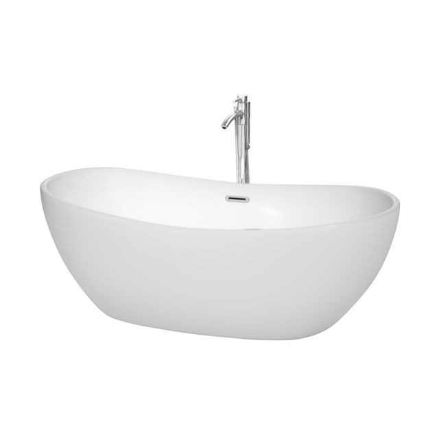 Wyndham Collection Rebecca 65 Inch Freestanding Bathtub In White with Floor Mounted Faucet with Drain and Overflow Trim in Polished Chrome - WCOBT101465ATP11PC