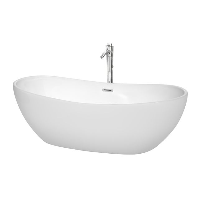 Wyndham Collection Rebecca 70 Inch Freestanding Bathtub In White with Floor Mounted Faucet with Drain and Overflow Trim in Polished Chrome - WCOBT101470ATP11PC