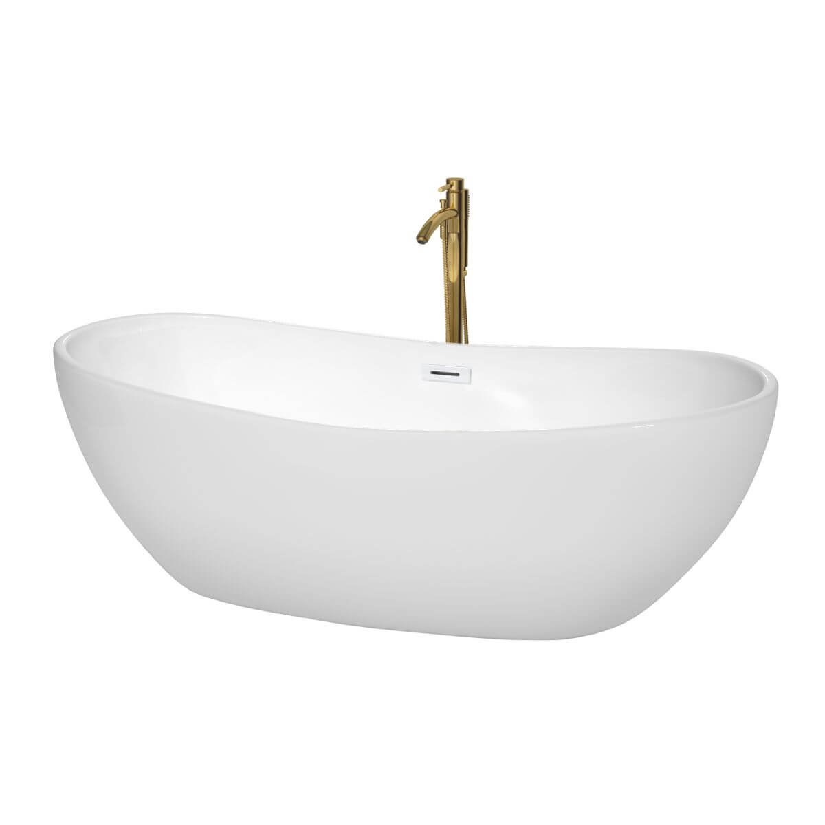 Wyndham Collection Rebecca 70 inch Freestanding Bathtub in White with Shiny White Trim and Floor Mounted Faucet in Brushed Gold - WCOBT101470SWATPGD