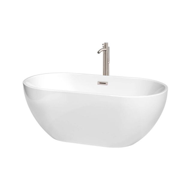 Wyndham Collection Brooklyn 60 Inch Freestanding Bathtub in White with Floor Mounted Faucet with Drain and Overflow Trim in Brushed Nickel - WCOBT200060ATP11BN