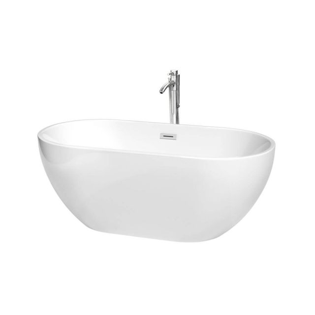 Wyndham Collection Brooklyn 60 Inch Freestanding Bathtub in White with Floor Mounted Faucet with Drain and Overflow Trim in Polished Chrome - WCOBT200060ATP11PC