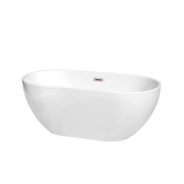 Wyndham Collection Brooklyn 60 Inch Freestanding Bathtub in White with Brushed Nickel Drain and Overflow Trim - WCOBT200060BNTRIM