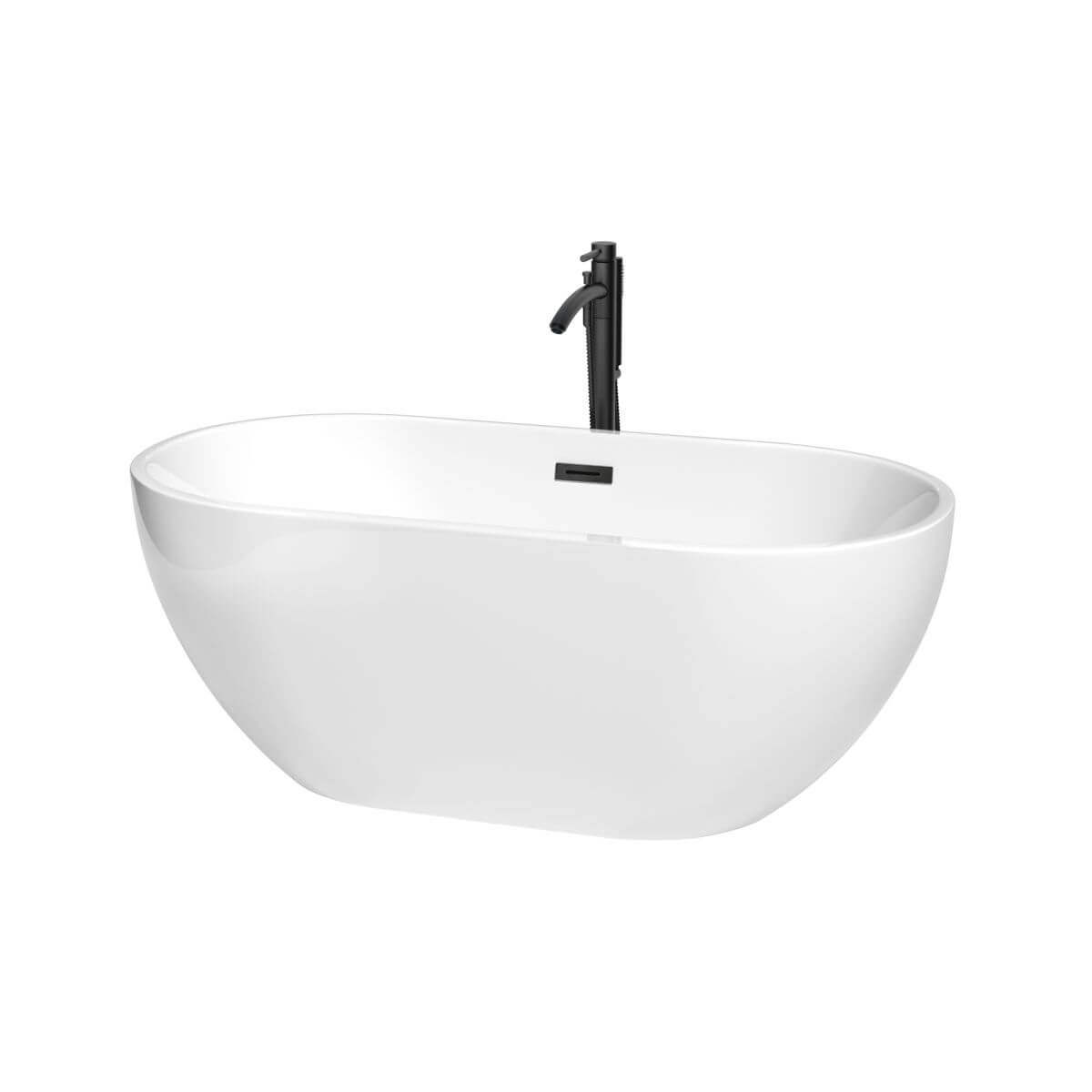 Wyndham Collection Brooklyn 60 inch Freestanding Bathtub in White with Floor Mounted Faucet, Drain and Overflow Trim in Matte Black - WCOBT200060MBATPBK