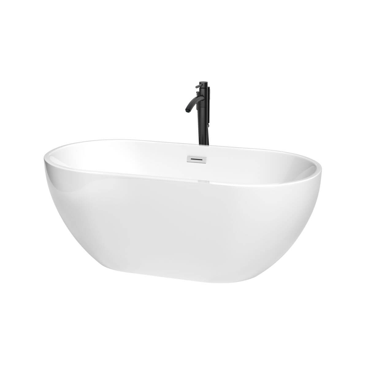 Wyndham Collection Brooklyn 60 inch Freestanding Bathtub in White with Polished Chrome Trim and Floor Mounted Faucet in Matte Black - WCOBT200060PCATPBK