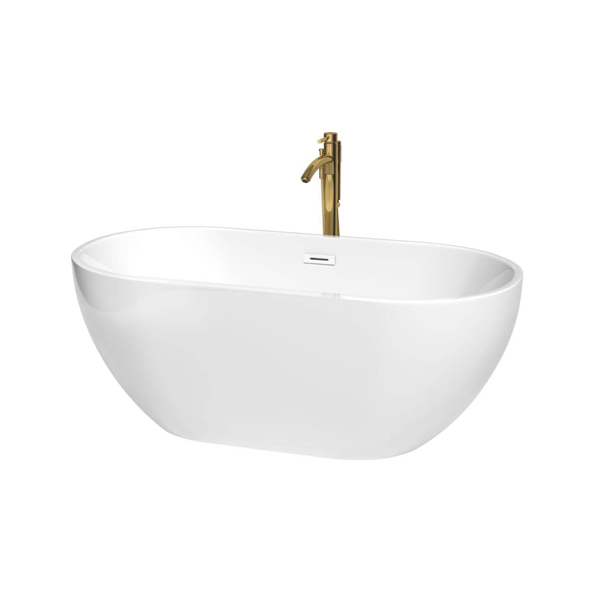 Wyndham Collection Brooklyn 60 inch Freestanding Bathtub in White with Shiny White Trim and Floor Mounted Faucet in Brushed Gold - WCOBT200060SWATPGD