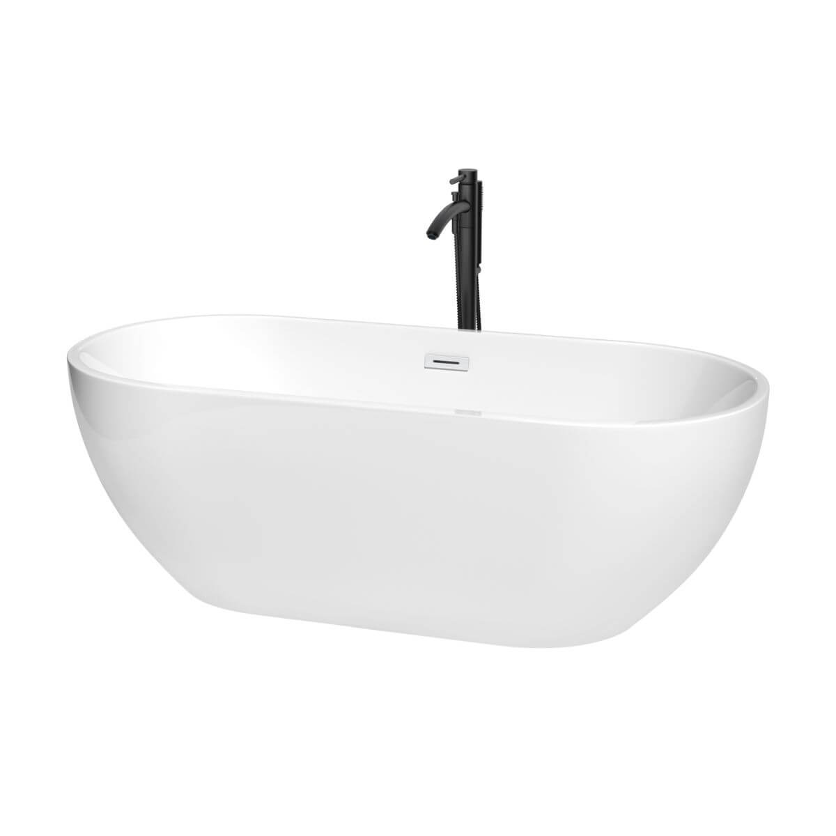 Wyndham Collection Brooklyn 67 inch Freestanding Bathtub in White with Shiny White Trim and Floor Mounted Faucet in Matte Black - WCOBT200067SWATPBK