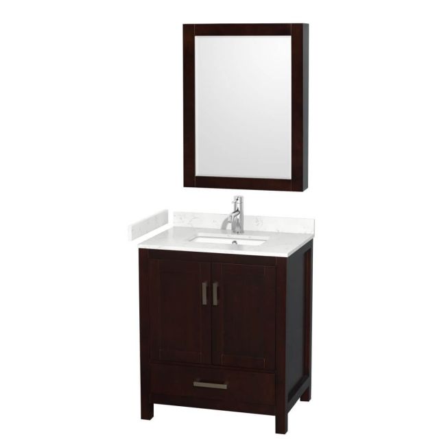 Wyndham Collection Sheffield 30 inch Single Bathroom Vanity in Espresso with Carrara Cultured Marble Countertop, Undermount Square Sink and Medicine Cabinet - WCS141430SESC2UNSMED