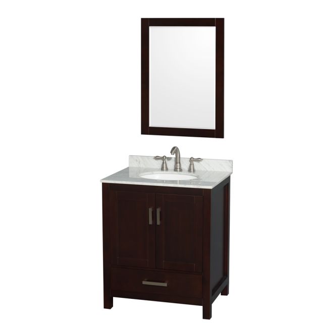 Wyndham Collection Sheffield 30 Inch Single Bath Vanity In Espresso with White Carrara Marble Countertop with Undermount Oval Sink and 24 Inch Mirror - WCS141430SESCMUNOM24