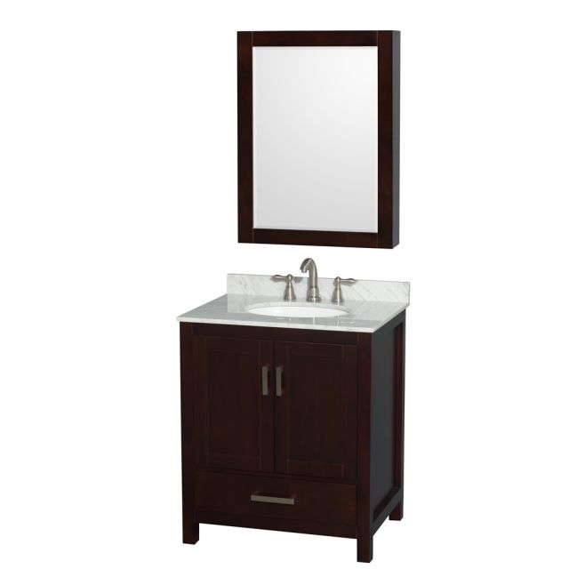 Wyndham Collection Sheffield 30 Inch Single Bath Vanity In Espresso with White Carrara Marble Countertop with Undermount Oval Sink and Medicine Cabinet - WCS141430SESCMUNOMED