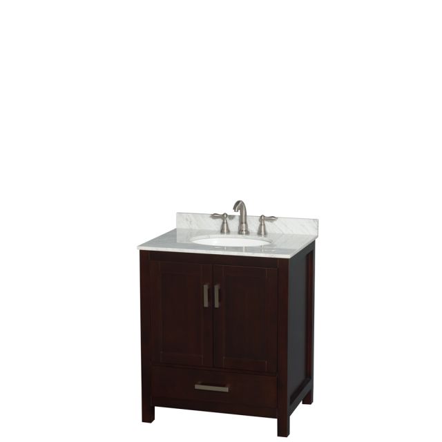 Wyndham Collection Sheffield 30 Inch Single Bath Vanity In Espresso with White Carrara Marble Countertop and Undermount Oval Sink - WCS141430SESCMUNOMXX