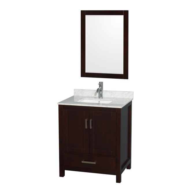 Wyndham Collection Sheffield 30 Inch Single Bath Vanity In Espresso with White Carrara Marble Countertop with Undermount Square Sink and 24 Inch Mirror - WCS141430SESCMUNSM24