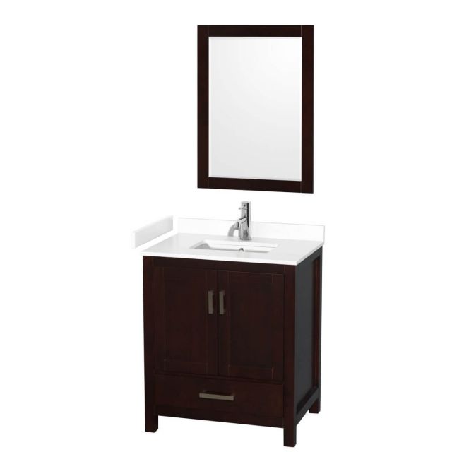 Wyndham Collection Sheffield 30 inch Single Bathroom Vanity in Espresso with White Cultured Marble Countertop, Undermount Square Sink and 24 inch Mirror - WCS141430SESWCUNSM24