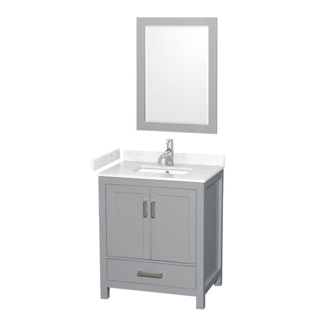 Wyndham Collection Sheffield 30 inch Single Bathroom Vanity in Gray with Carrara Cultured Marble Countertop, Undermount Square Sink and 24 inch Mirror - WCS141430SGYC2UNSM24