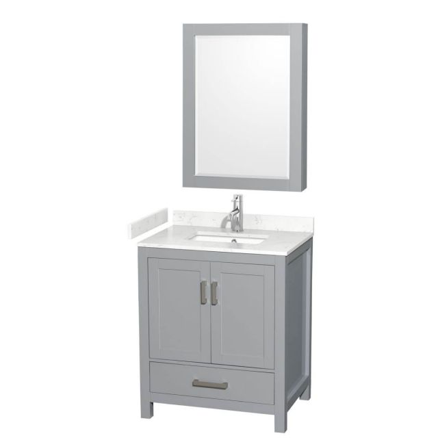 Wyndham Collection Sheffield 30 inch Single Bathroom Vanity in Gray with Carrara Cultured Marble Countertop, Undermount Square Sink and Medicine Cabinet - WCS141430SGYC2UNSMED